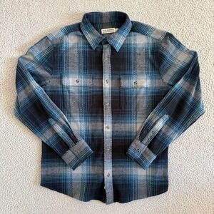 Fair Harbor Dunewood Flannel Shirt Mens Medium Blue Plaid Recycled Stretch
